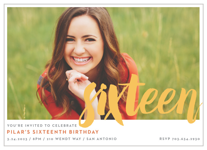 Invite friends to the party of the year with the Simply Sixteen Sweet Sixteen Party Invitations.
