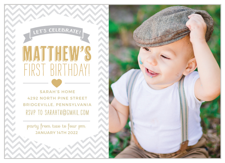 Celebrate your baby’s big day fashionably with the Trendy Chevron Foil First Birthday Invitations from the Love Vs Design Collection at Basic Invite. 