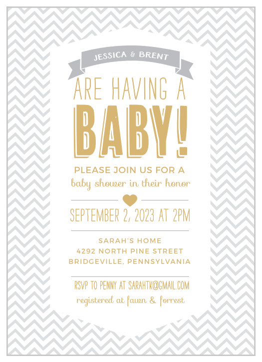 Invite friends and family to shower the mother-to-be with gifts for her baby with the Trendy Chevron Foil Baby Shower Invitations from the Love Vs Design Collection at Basic Invite.