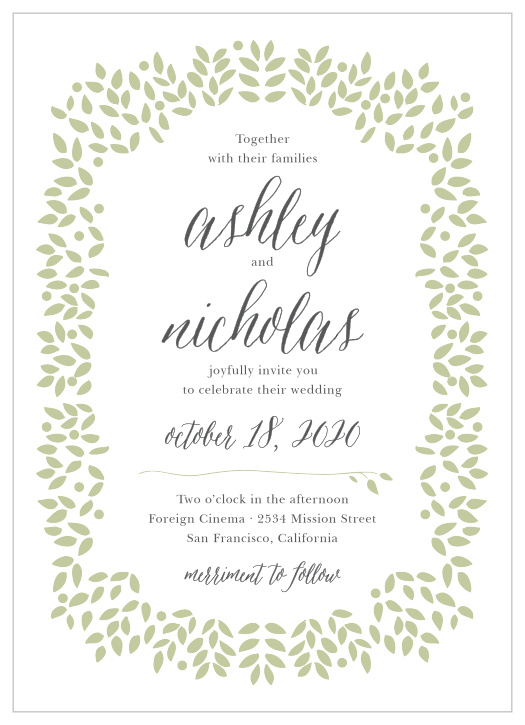 Graceful foliage frames the text of the Blushing Leaves Wedding Invitation Suite. 