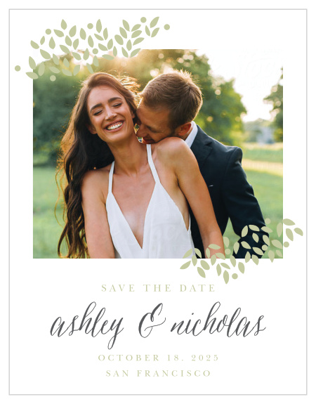Accent your engagement photo with the delicate foliage of the Blushing Leaves Save-the-Date Cards.