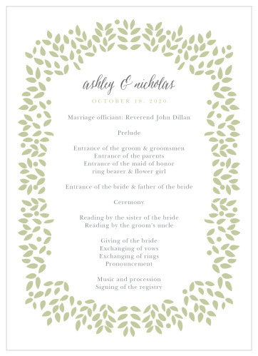 The Blushing Leaves Wedding Programs' two-sided design organizes your ceremony schedule with the graceful, nature-inspired style of the Blushing Leaves Wedding Invitation Suite.