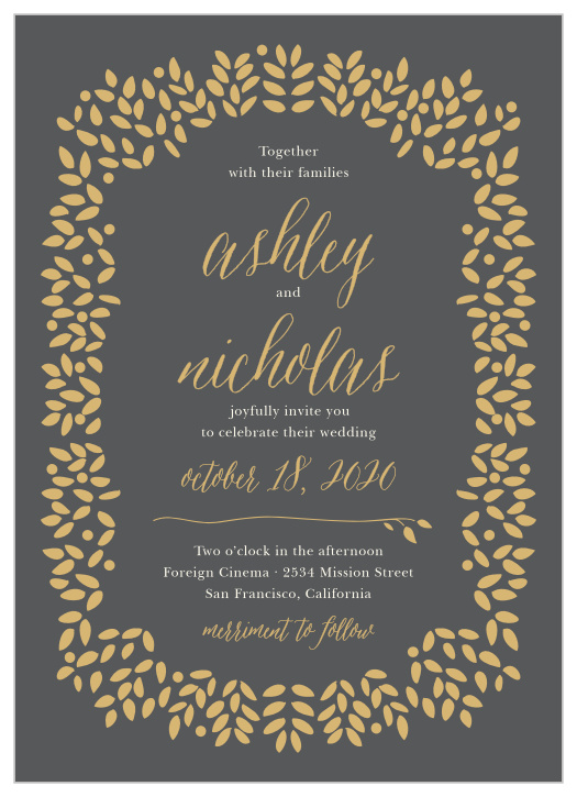 Graceful foliage in gold or silver pressed foil frames the text of the Blushing Leaves Foil Wedding Invitation Suite. 