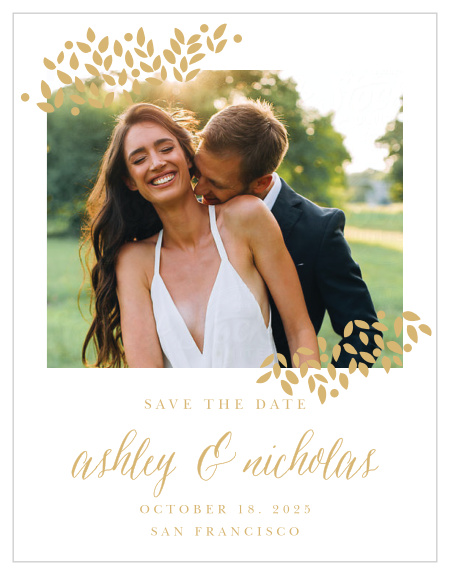 Accent your engagement photo with the delicate foliage of the Blushing Leaves Foil Save-the-Date Magnets.