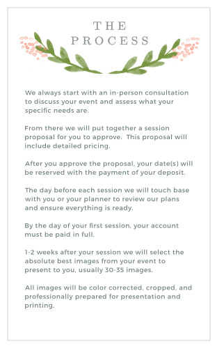 Familiarize clients with your studio’s booking procedures using the Garden Watercolor Process Card.
