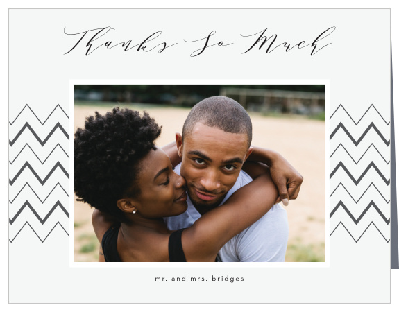The support and presence of family and friends on your special day meant a lot to you, show your appreciation with our Chevron Ornamental Frame Wedding Thank You Cards.