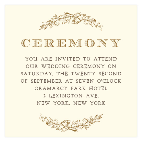 Vintage wreaths frame your Ceremony information on the Charming Woods Ceremony Cards from the Love Vs Design Collection at Basic Invite.