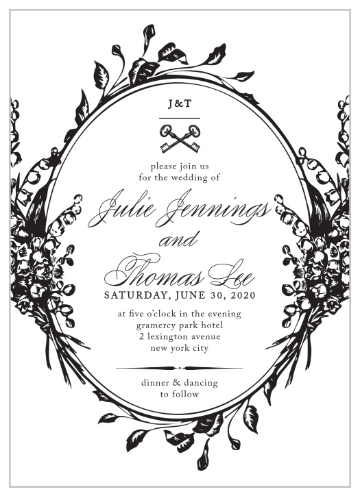 An oval of vintage, elegant florals frames your text on the Antique Chic Wedding Invitations.