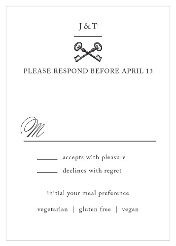 A simple monogram with crossed keys beneath them decorates the top of the Antique Chic Response Cards.