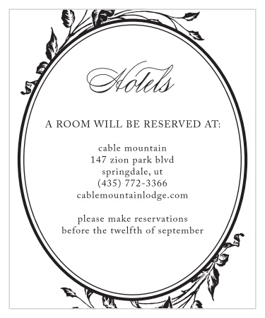 Elegant foliage decorates an oval frame on the Antique Chic Accommodation Cards.