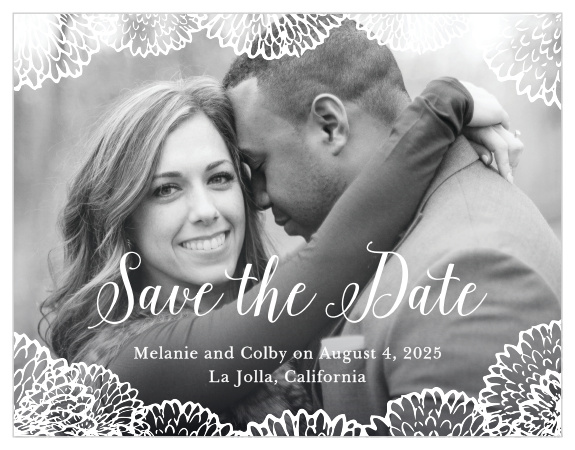 Flowers bursting with petals frame your engagement photo on the Full Bloom Save-the-Date Magnets.
