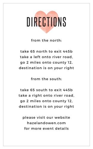 Detail driving directions to your wedding stationery with the bold style of the Heart In Hand Direction Cards.