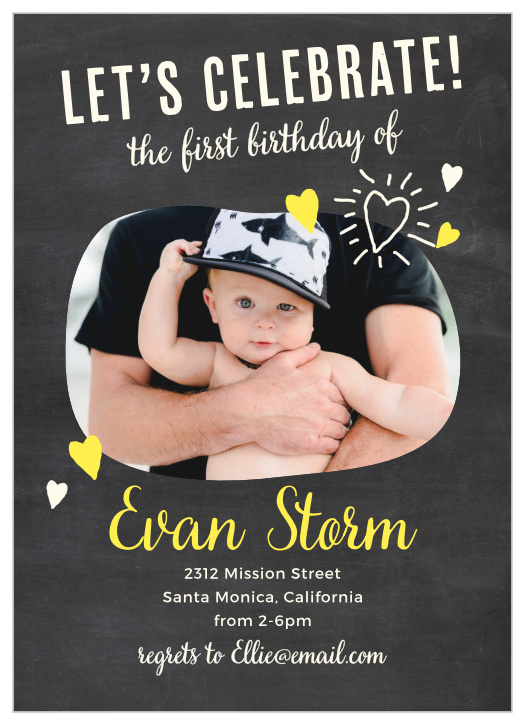 Add your son’s photo to the bean-shaped frame of the Fun Times Boy First Birthday Invitations.