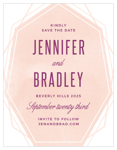 Modern angles and a soft watercolor background marry on the Divinely Modern Save-the-Date Magnets.