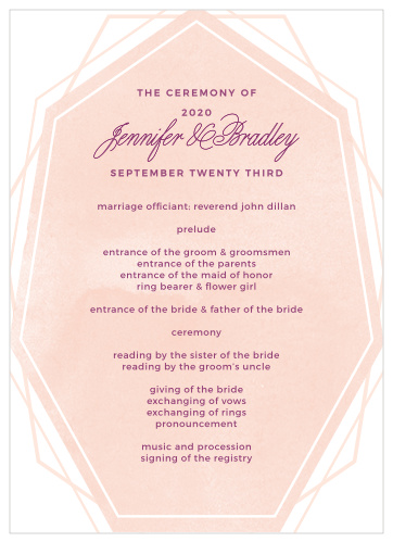 Organize your wedding ceremony with the cool angles and soft watercolor background of the Divinely Modern Wedding Programs.