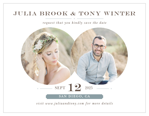 Two photo circles make the Double Exposure Save-the-Date Magnets a stunning way to announce your wedding.