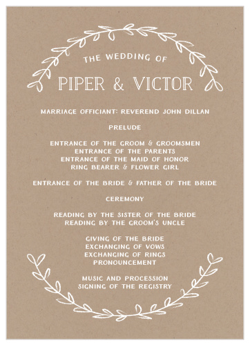 Simple laurels of leaves frame your text on the Rustic Love Wedding Programs.