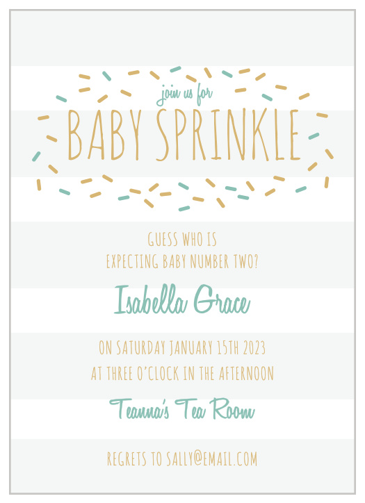 Invite friends and family to “sprinkle” the mother with gifts for her coming baby with the Sprinkles & Stripes Foil Baby Shower Invitations.