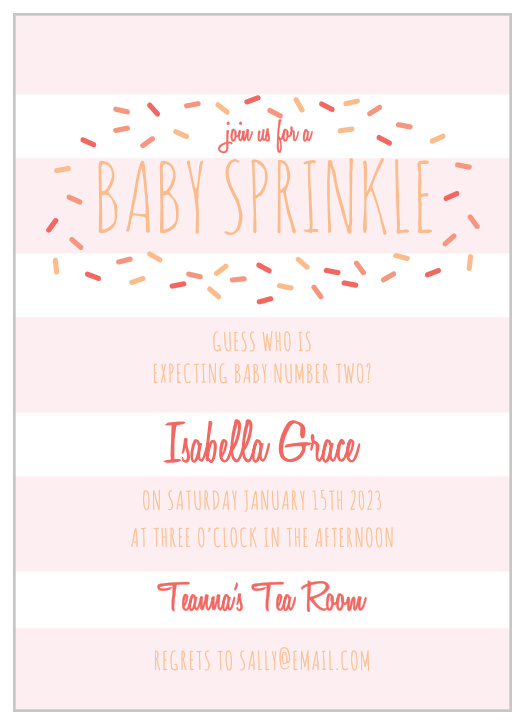 Invite friends and family to “sprinkle” the mother with gifts for her coming baby using the Sprinkles & Stripes Baby Shower Invitations.