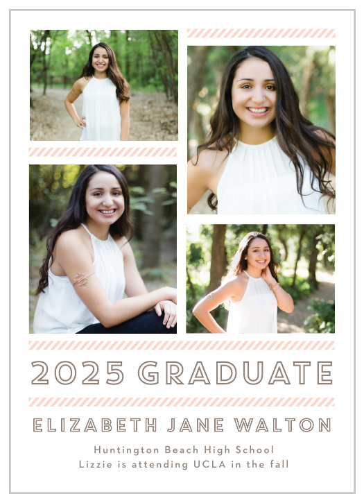 Personalize your announcements with a spread of four grad shots on the Staggered Snapshots Graduation Announcements. 