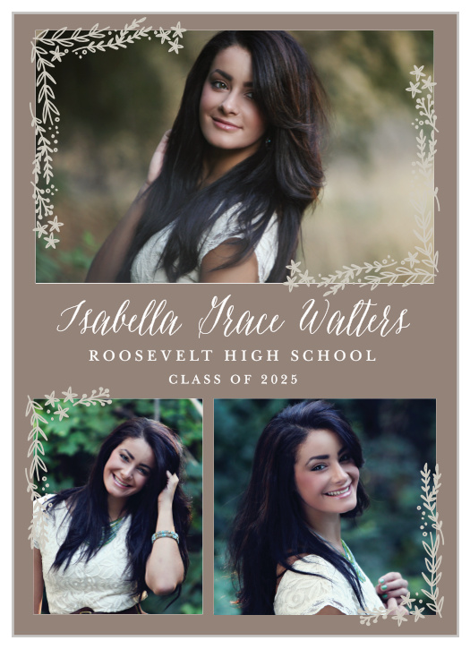 Accent your grad shots with the vines and flowers of the Flowing Garden Graduation Announcements.