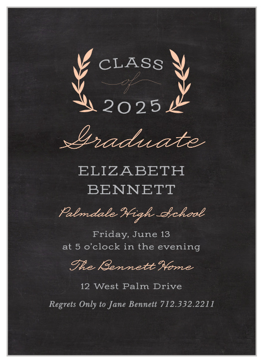 Create classic announcements featuring a chalkboard background with the Laurel Leaves Graduation Invitations.