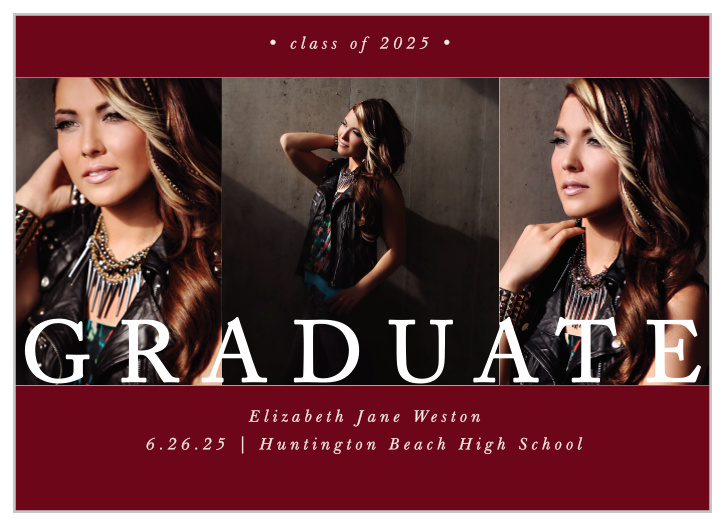 The word “Graduate” is written across three of your best grad shots on the Dazzling Trio Graduation Announcements. 