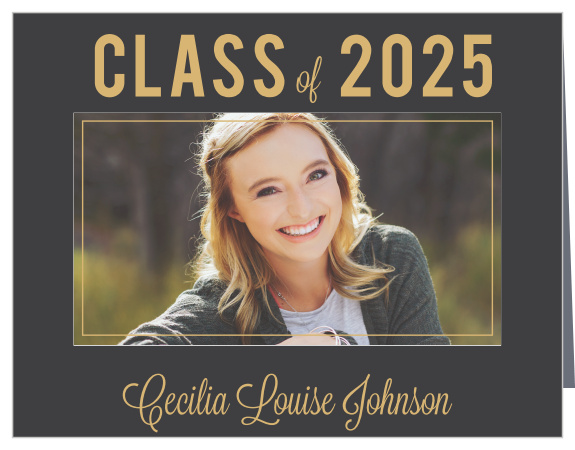 Add your photo to the classic design of the Basic Frame Foil Graduation Thank You Card.