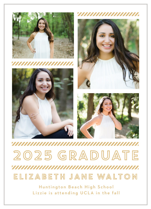 Personalize your announcements with a spread of four grad shots on the Staggered Snapshots Foil Graduation Announcements. 