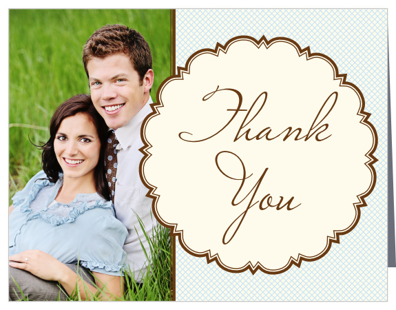 Our Scalloped FrameÂ’s country chic layout is sure to be remembered for this thank you card. The whole left side of the card is available for you to feature a photo of the happy couple. On the right, a beautifully crafted circular medallion makes your expression of gratitude shine.