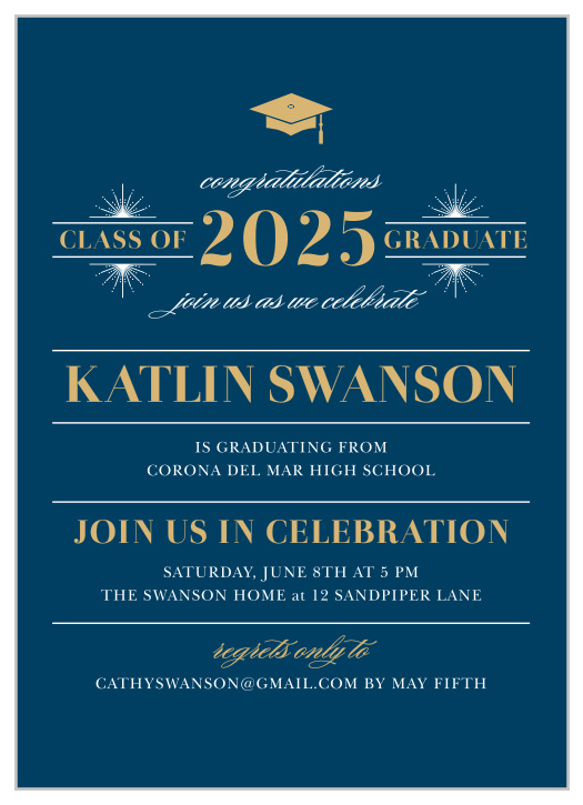 Invite friends and family to attend and celebrate your upcoming ceremony with the Posh Celebration Foil Graduation Invitations. 