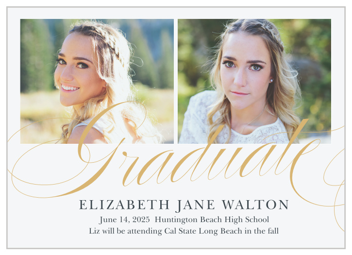 Announce your upcoming ceremony with the elegant design of the Luxe Script Foil Graduation Announcements.