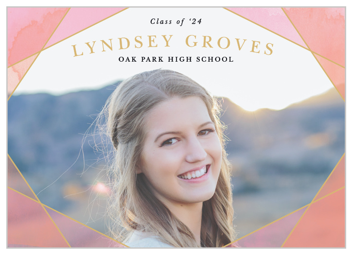 Sophistication and youth marry on the Geometric Watercolor Foil Graduation Announcements.