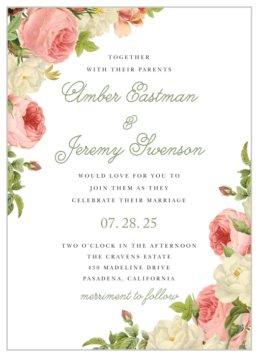 Nestled between two beautiful bouquets of roses that trail down the side of these Alluring Florals Wedding Invitations, each with a unique color and in various states of bloom, is a duo of delightful typefaces.