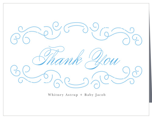 Flowing, dotted lines frame the words “Thank You” on the Formal Swirls Baby Shower Thank You Cards. 