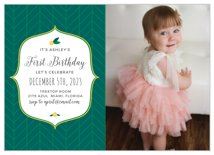 Celebrate your little one’s big day with the modern whimsy of the Tiny Leaf First Birthday Invitations.