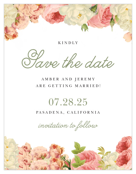 Vintage flowers crown the top and line the bottom of the Alluring Florals Save-the-Date Cards.