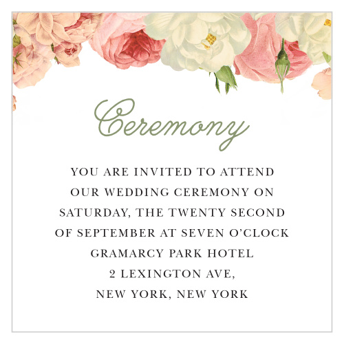 Vintage flowers crown the Alluring Florals Ceremony Cards from the Love Vs Design Collection.