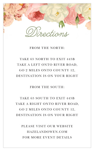 Customize the Alluring Florals Direction Cards with your choice of more than 180 custom colors.