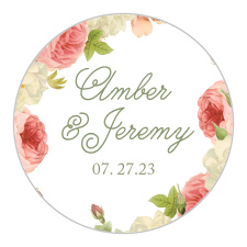 A circle of flowers surrounds your names and wedding date on the Alluring Florals Stickers.
