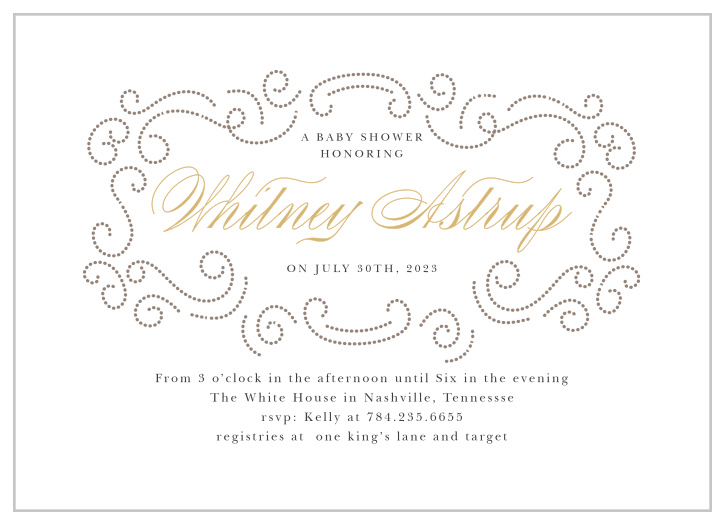 Flowing, dotted lines frame the mother-to-be’s name on the Formal Swirls Foil Baby Shower Invitations.