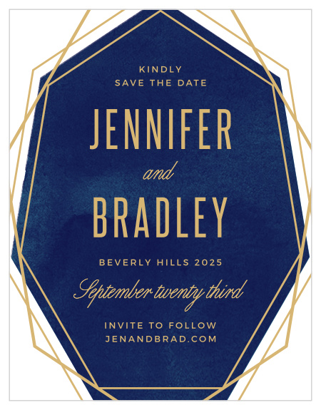 Modern angles and a soft watercolor background marry on the Divinely Modern Foil Save-the-Date Magnets.