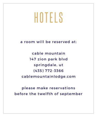 Give guests important travel reservation information with the simple typographic design of the Divinely Modern Foil Accommodation Cards.