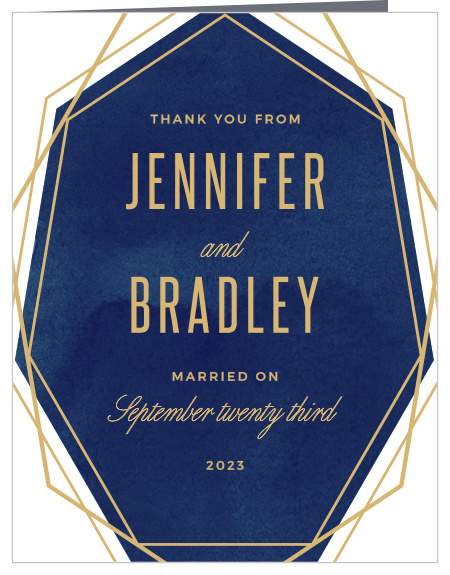 Share your thanks with the cool angles and soft watercolor background of the Divinely Modern Foil Wedding Thank You Cards.