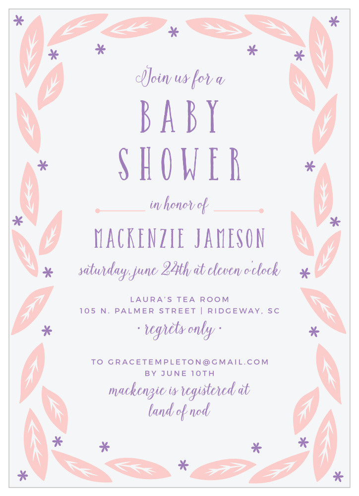 Garden Leaves Girl Baby Shower Invitations