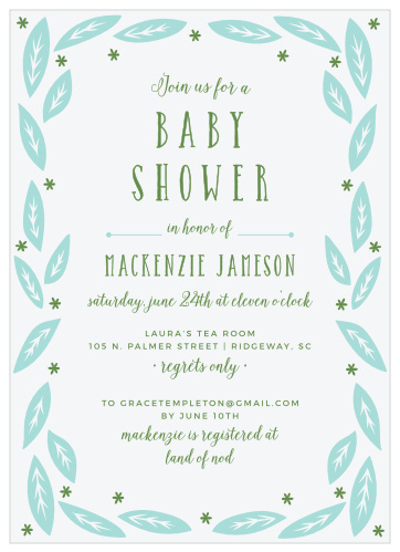 Whimsical foliage and tiny flowers frame the Garden Leaves Boy Baby Shower Invitations.