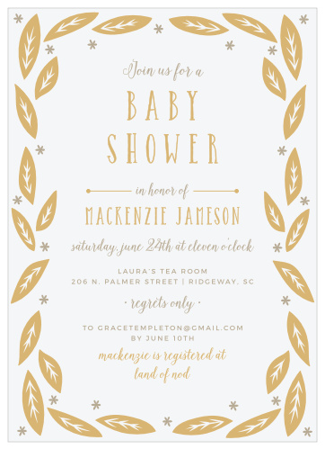 Whimsical foliage leaves frame the Garden Leaves Foil Baby Shower Invitations. 