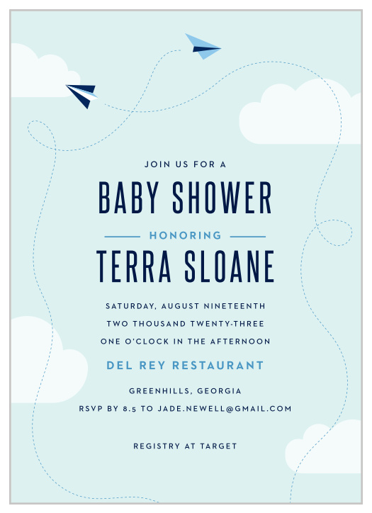 Planes zip around your text on the Paper Planes Baby Shower Invitations.