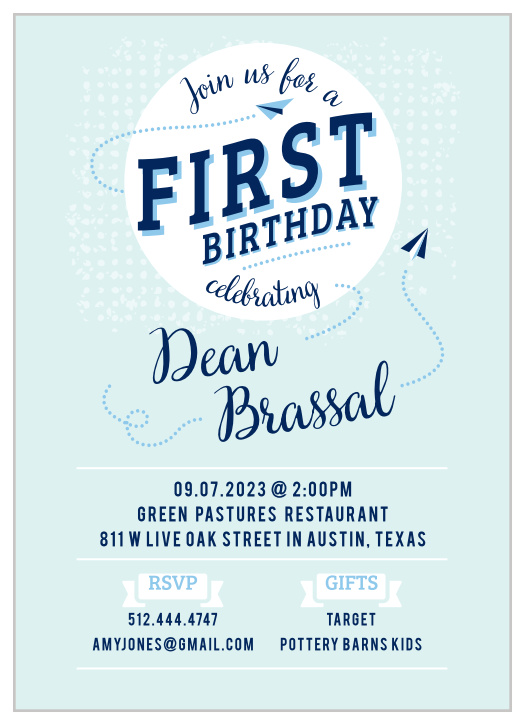 Planes zip around the Paper Planes First Birthday Invitations.