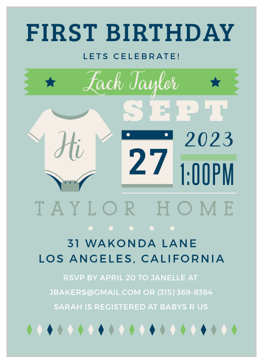 Create fun invites to your son’s first birthday party with the Illustrated Info Boy Birthday Invitations.